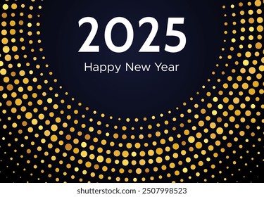 2025 Happy New Year of gold glitter pattern in circle form. Abstract gold glowing halftone dotted background for Christmas holiday greeting card on dark background. Vector illustration