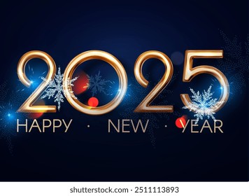 2025 Feliz Ano Novo ouro metal 3D texto com bokeh, flocos de neve e efeito de luz. Banner da celebração de feriado