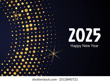 2025 Happy New Year of gold glitter pattern in circle form. Abstract gold glowing halftone dotted background for Christmas holiday greeting card on dark background. Vector illustration