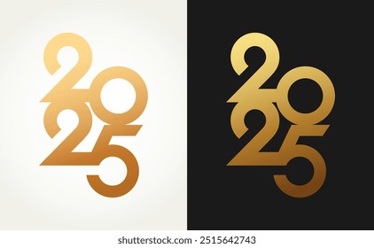 2025 Feliz Año Nuevo diseño de texto de logotipo de oro sobre fondo negro y fondo blanco