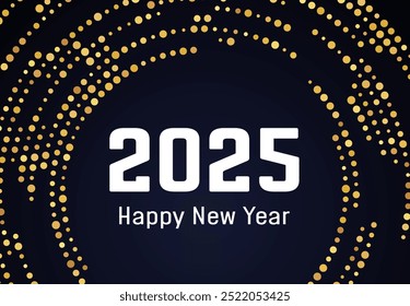 2025 Happy New Year of gold glitter pattern in circle form. Abstract gold glowing halftone dotted background for Christmas holiday greeting card on dark background. Vector illustration