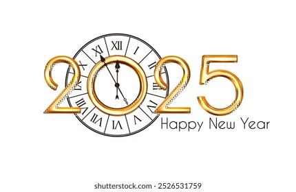 2025 Happy New Year gold metal 3D text with clock. Holiday elegant celebration banner