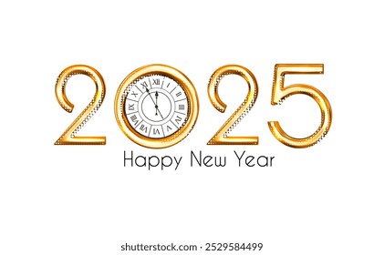 2025 Happy New Year gold metal 3D text with clock. Holiday elegant celebration banner
