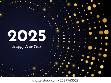 2025 Happy New Year of gold glitter pattern in circle form. Abstract gold glowing halftone dotted background for Christmas holiday greeting card on dark background. Vector illustration