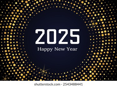 2025 Happy New Year of gold glitter pattern in circle form. Abstract gold glowing halftone dotted background for Christmas holiday greeting card on dark background. Vector illustration