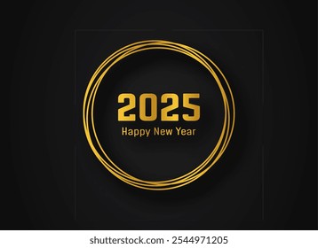 2025 Happy New Year gold geometric polygonal background. Gold geometric polygonal frame with shining effects for Christmas holiday greeting card, flyers or posters. Vector illustration