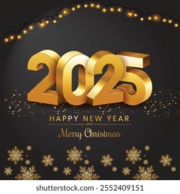 2025 Happy New Year gouden logo tekst ontwerp op zwarte achtergrond en witte achtergrond