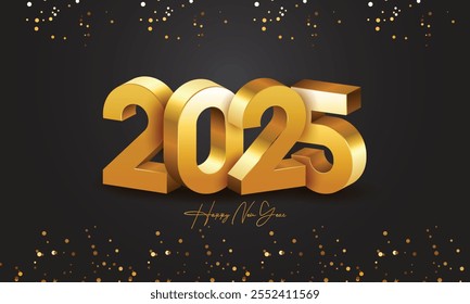 2025 Happy New Year gouden logo tekst ontwerp op zwarte achtergrond en witte achtergrond