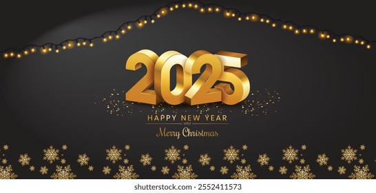 2025 Happy New Year gold logo text design on black background and white background