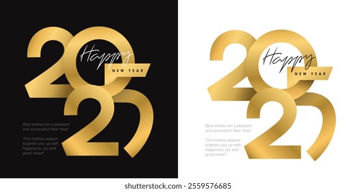 2025 Happy New Year gold numbers logo text design. 2025 of gold yellow isolated numbers. Bright metallic 3D, realistic vector design elements. Golden Christmas numbers 2025 logo.