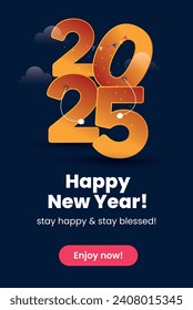 2025. Happy new year. 2025 New year golden color announcement poster for social media. Happy new year text with dark blue background. Stay happy. Announcement Wish concept. 2026. New Year Celebration