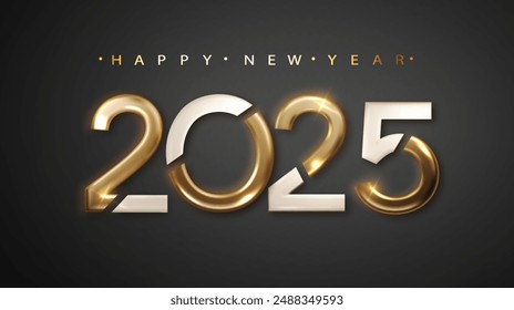2025 Happy New Year with golden realistic ribbon on black background. Christmas holiday illustration