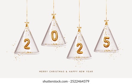 2025 Feliz año Nuevo. Número de metal dorado en forma de cono de vidrio árbol de chuchería, decoración de Navidad. Celebra la fiesta. Póster de Navidad, Anuncio, tarjeta de la cubierta, folleto, volante, diseño de diseño. Ilustración vectorial