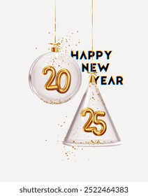 2025 Happy New Year. Golden metal number in glass bauble, Christmas decoration. Realistic 3d render metallic sign. Celebrate party 2025. Xmas Poster, banner, cover card, brochure, flyer, layout design
