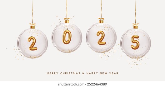 2025 Happy New Year. Golden metal number in glass Christmas balls hang on ribbon. Realistic 3d render metallic sign. Celebrate party 2025. Xmas Poster, web banner, header website. vector illustration