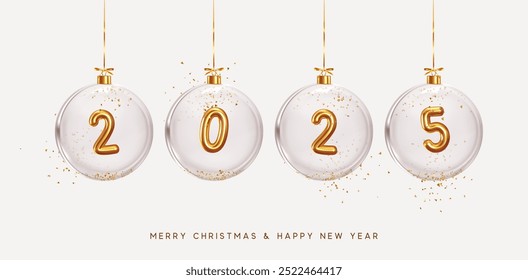 2025 Happy New Year. Golden metal number in glass Christmas balls hang on ribbon. Realistic 3d render metallic sign. Celebrate party 2025. Xmas Poster, web banner, header website. vector illustration