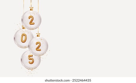 2025 Happy New Year. Golden metal number in glass Christmas balls hang on ribbon. Realistic 3d render metallic sign. Celebrate party 2025. Xmas Poster, web banner, header website. vector illustration