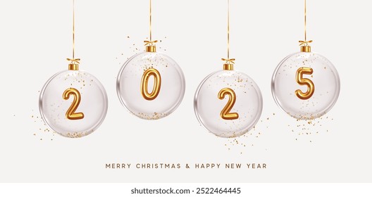 2025 Happy New Year. Golden metal number in glass Christmas balls hang on ribbon. Realistic 3d render metallic sign. Celebrate party 2025. Xmas Poster, web banner, header website. vector illustration