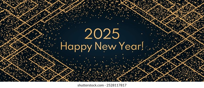 2025 Happy New Year, golden glitter, geometric art deco frame on dark background, with text. Flat style vector illustration. Abstract design. Concept for holiday greeting card, poster, banner, flyer