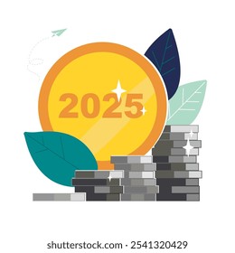 2025. Happy New Year. Golden penny with New Year's numbers 2025. Business finance, presentation. Profit, growth of silver coins. Investments in money management, income development.Vector illustration