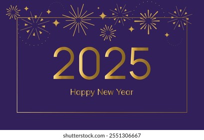  2025 happy New Year. Golden number with golden fireworks on the dark blue background. New Year greeting template for social media and typography. Holidays concept.