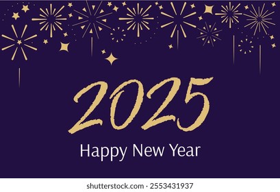 2025 happy New Year. Golden number with golden fireworks on the dark blue background. New Year greeting template for social media and typography. Holidays concept.