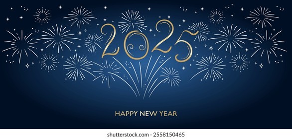 2025 Happy New Year. Golden and white lettering and fireworks on blue background. Concept for holiday  flyer, decor, card, poster, banner.