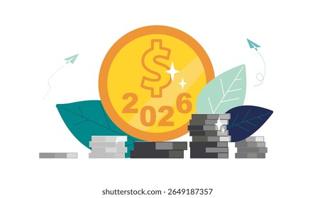 2025. Happy New Year. Golden penny with New Year's numbers 2025. Business finance, presentation. Profit, growth of silver coins. Investments in money management, income development.Vector illustration