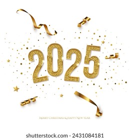 2025 Happy New Year greeting card vector template. Festive Christmas vertical social media banner design with congratulations. Golden numbers with confetti realistic illustration on white background.