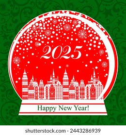 2025 Happy New Year greeting card. Snow globe with a town. Vector design template for Christmas and Happy New Year. Winter landscape city inside.   Vector illustration 