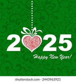 2025 Happy New Year greeting card. Celebration green background with Christmas heart and place for your text. Brochure text design template, card, banner.   Illustration