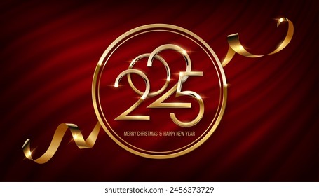 2025 Happy New Year greeting card vector template. Festive Christmas social media banner design with congratulations. Golden numbers in square frame with confetti realistic illustration on red curtain