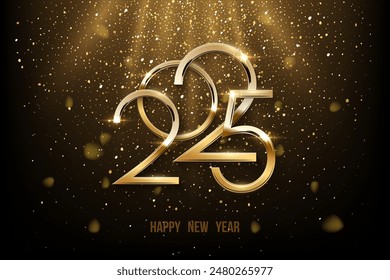 2025 Happy New Year greeting card vector illustration. 2025 golden numbers with gold falling confetti decoration and glow light effect, festive sparkle of tinsel texture in holiday design background.