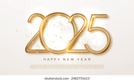 2025 Happy New Year greeting card template. Christmas horizontal banner design with congratulations. Golden numbers.