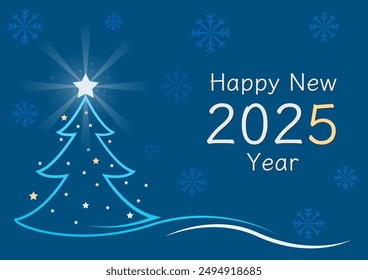 2025 Happy New Year greeting card design on blue background