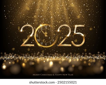 2025 Happy New Year greeting card vector background. 2025 gold numbers with clock countdown, falling confetti and glow light effects. Luxury festive sparkle holiday postcard, invitation, banner.