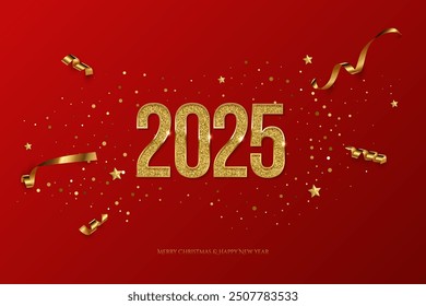 2025 Happy New Year greeting card vector template. Festive Christmas horizontal social media banner design with congratulations. Golden numbers with confetti realistic illustration on red background