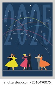 2025 Happy New Year Greeting Card, Retro XMAS Postcards Style Illustration, Mid Century Modern Colors and Style, Fireworks and Dancing Couples