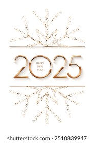 2025 Happy New Year greeting card vector background with gold frame and glitter snowflake. Shining holiday postcard with sparkles numbers 2025. Luxury festive invitation, banner, poster, flyer.