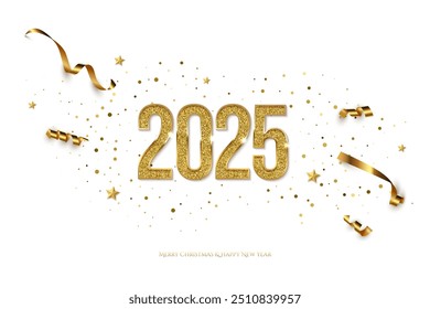 2025 Happy New Year greeting card vector template. Festive Christmas horizontal social media banner design with congratulations. Golden numbers with confetti realistic illustration on white background