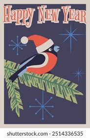 2025 Happy New Year Greeting Card, Retro XMAS Postcards Style Illustration, Mid Century Modern Colors and Style, Bullfinch on a Spruce Branch