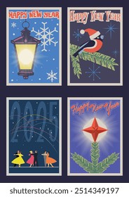 2025 Feliz Ano Novo Conjunto de Cartão de Saudação, Retro XMAS Postcards Ilustrações Estilo, Cores Modernas do Século Médio e Estilo. Flocos de neve, Bullfinch, Lanterna, Bola, Spruce Branch