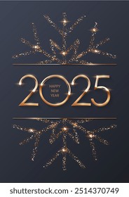2025 Happy New Year greeting card vector background with gold frame and glitter snowflake. Shining holiday postcard with sparkles numbers 2025. Luxury festive invitation, banner, poster, flyer.