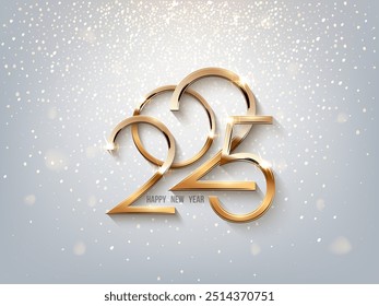 2025 Happy New Year greeting card. Gold numbers 2025 with golden glitter with text space. Luxury festive sparkle holiday postcard, invitation, banner. Sparkling glitter vector background.