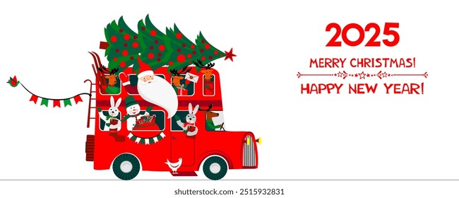 2025 Happy New Year! Greeting card. Celebration white background with bus, deer, rabbit bunny and place for your text. Design celebrate party invitation template. Traveling by bus. The winter vacation