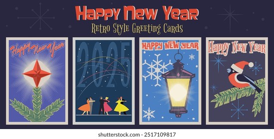 2025 Happy New Year Greeting Card Set, Retro XMAS Postcards Style Illustrations, Mid Century Modern Colors and Style. Snowflakes, Bullfinch, Lantern, Ball, Spruce Branch