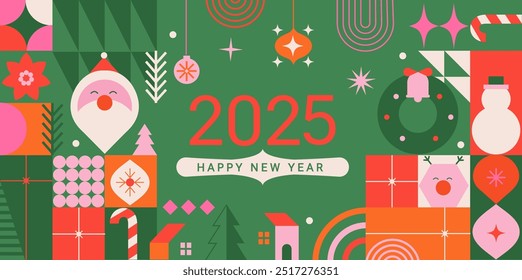 2025 feliz Año Nuevo. Anuncio de felicitación, volante, cartel con símbolos geométricos de Navidades y año nuevo, Papá Noel, cajas de regalo, copos de nieve, árbol de Navidad y muñeco de nieve. Cartel de Plantilla, cabecera, Web. Vector