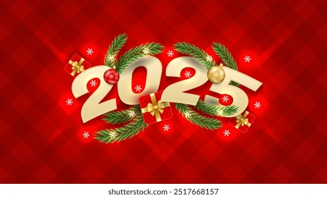 2025 Happy New Year greeting background with Christmas branch, balls, snowflakes. For sale, banner, posters, cover design templates, social media wallpaper stories. Merry Christmas xmas concept