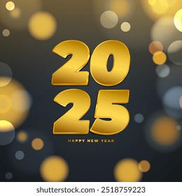 2025 Happy New Year greeting card. Gold color. New Year 2025 festive background. Bokeh lights. Vector illustration.