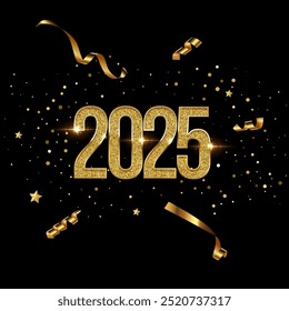 2025 Happy New Year greeting card vector template. Festive Christmas square social media banner design with congratulations. Golden numbers with confetti realistic illustration on black background.